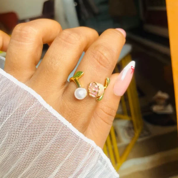 Enamel rose flower and pearl ring  | Anti tarnish rose enamel ring | adjustable ring for women