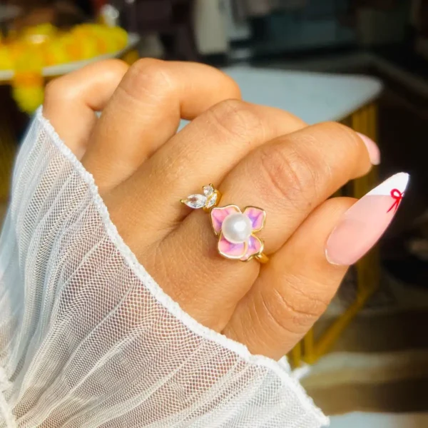 flower and pearl ring with ad stone  | Anti tarnish flower pearl ring | adjustable ring for women gift