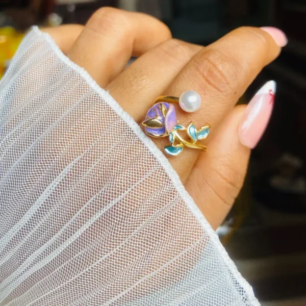 Enamel purple rose flower and pearl ring  | Anti tarnish rose enamel ring | adjustable ring for women