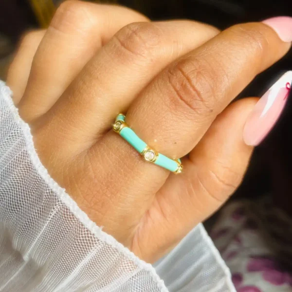 Teal enamel ring | Beautiful gold enamel ring for women | Anti tarnish gold ring
