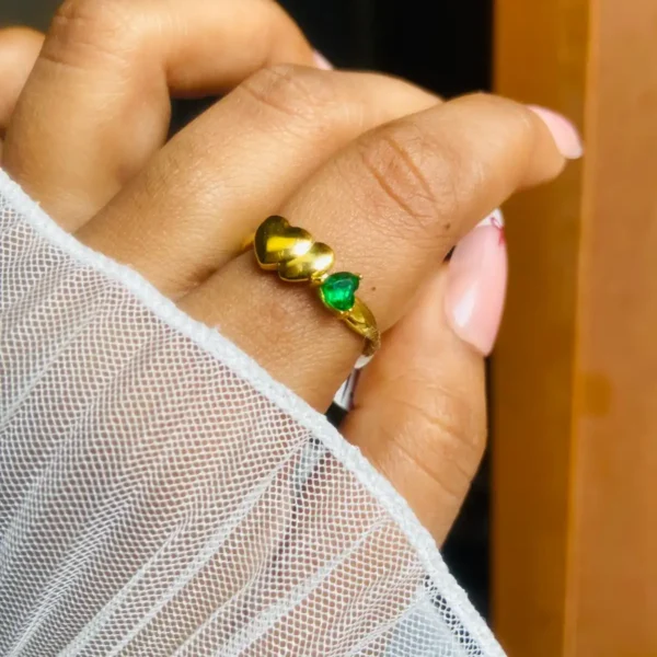 Two hearts and emerald stone gold ring | Anti tarnish ring | adjustable ring for women gift