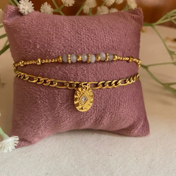 Double layer stackable semi precious stone anti-tarnish bracelet