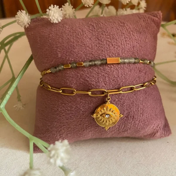 Double layer stackable semi precious stone anti-tarnish bracelet