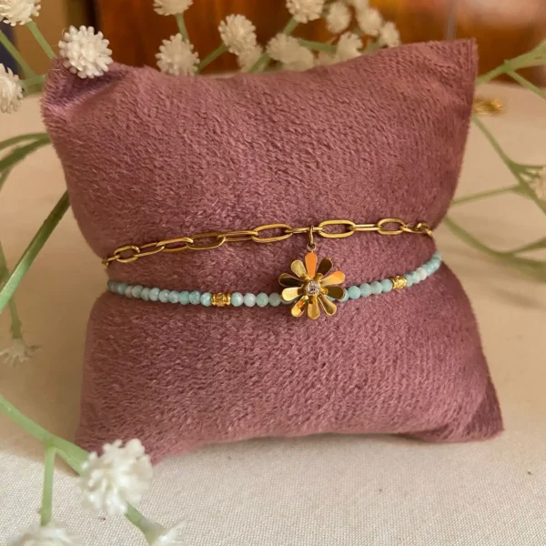 Double layer stackable semi precious stone anti-tarnish bracelet